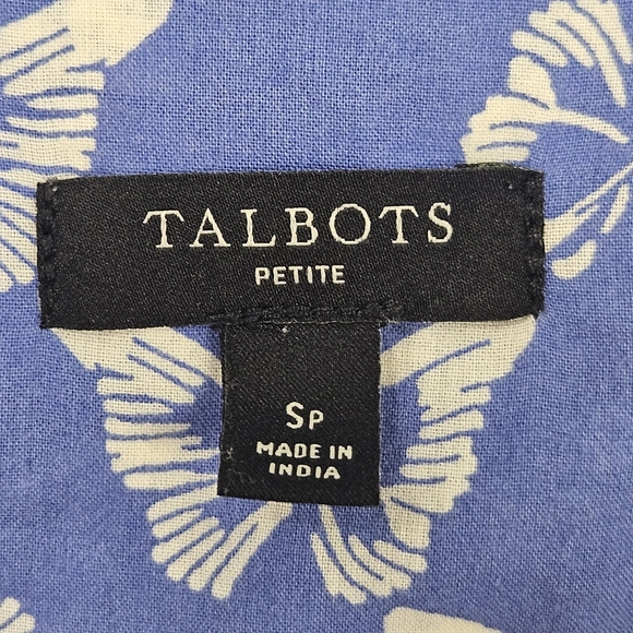 TALBOTS Petite Butterfly Print Cotton Tunic Blouse Shirt Size Small Blue White - Picture 7 of 12